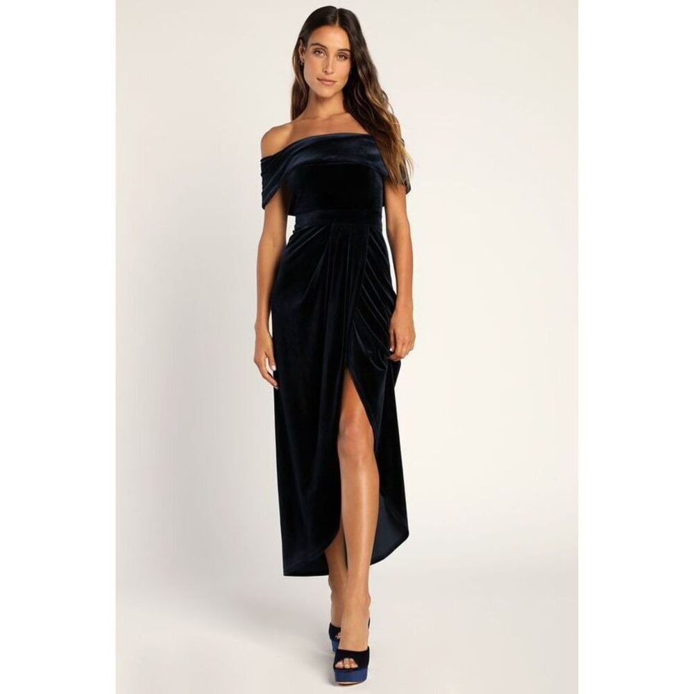 NWT Lulus I'm Enchanted Navy Blue Velvet Off-the-shoulder Maxi Dress
